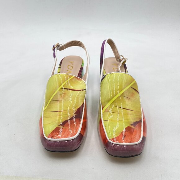 YDN Colorful-feather Square Toe Block Low Heels Slingback Formal Dressy Pump - Picture 3 of 8